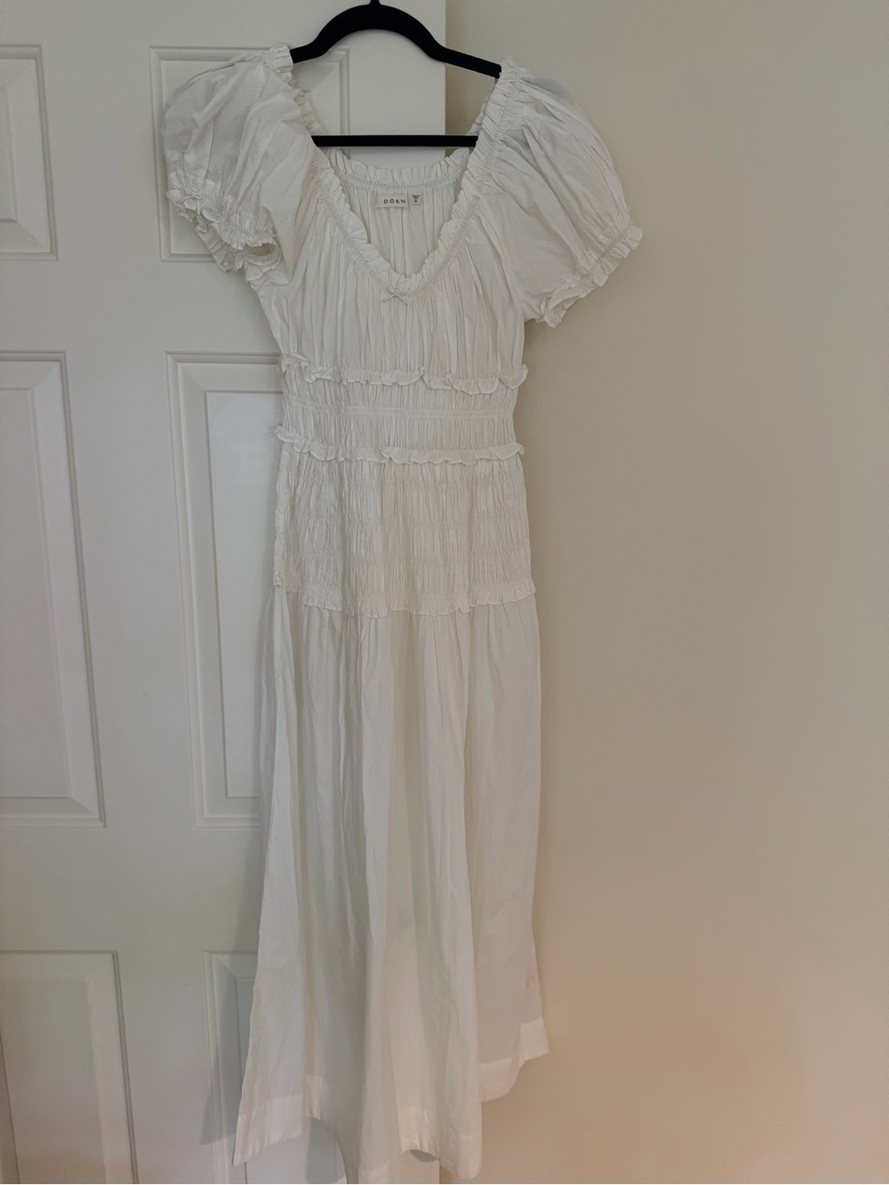 Doen White Smocked V-Neck Tiered Maxi Dress